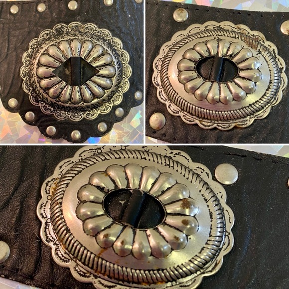 Vintage Western Studded Concho Belt Black Leather Southwestern Cowgirl Boho M/L - Picture 7 of 11